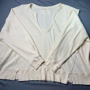 We The Free Ivory distressed Ribbed Waffle Knit Top size Large
